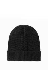 Black knitted beanie featuring a textured herringbone pattern with a ribbed cuff. Soft fabric with a close-fitting shape.