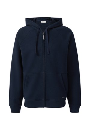 Felpa con zip di colore blu navy, realizzata in un tessuto strutturato, con cappuccio regolabile e due tasche frontali. Presenta maniche raglan e un design semplice.