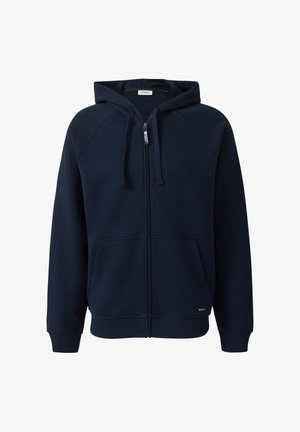 Felpa con zip di colore blu navy, realizzata in un tessuto strutturato, con cappuccio regolabile e due tasche frontali. Presenta maniche raglan e un design semplice.