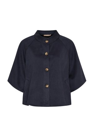 Marineblå kortærmet jakke med ståkrave, fire store brune knapper og sidelommer, vist på en hvid baggrund.