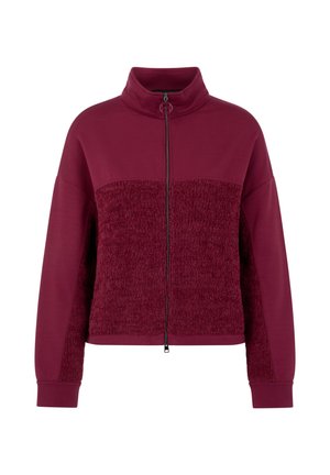 Bordeauxroter Reißverschluss-Pullover mit hohem Kragen, strukturierter Strickvorderseite und Ärmeln, glattem Stoff an Schultern und Seiten.