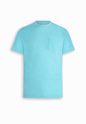T-shirt semplice a maniche corte di colore azzurro chiaro con scollo a girocollo e una piccola tasca sul petto sinistro.