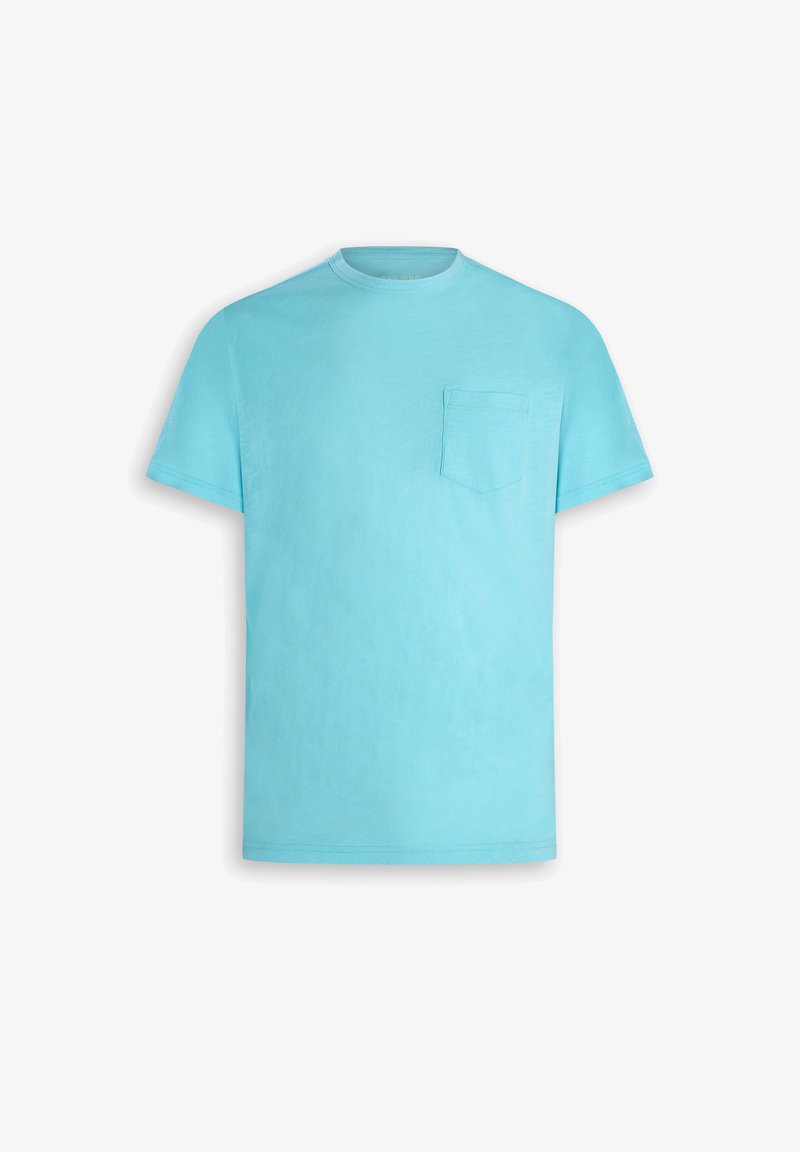T-shirt uni bleu clair à manches courtes avec un col rond et une petite poche sur le côté gauche de la poitrine.
