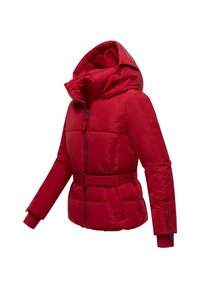 Red puffer jacket with a high collar and oversized hood. Features a belted waist, long sleeves, zippered front, and knit cuffs.