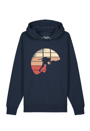 Navy hoodie with a graphic of a climber scaling a mountain against a retro-style sunset background.