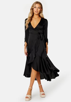 WRAP FRILL L/S SATIN DRESS - Galajurk - black