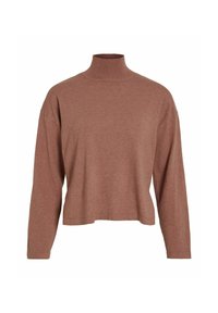 Brązowy sweter w serek z długimi rękawami, wykonany z miękkiej dzianiny. Charakteryzuje się luźnym krojem i krótkim dołem, z minimalnymi detalami.