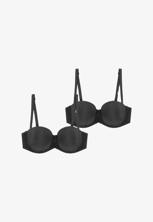 Schwarze gepolsterte BHs mit verstellbaren Trägern; glatte Stoffschalen und mit Spitze verziertem Seitenbereich, ausgestattet mit einem sicheren Hakenverschluss auf der Rückseite.
