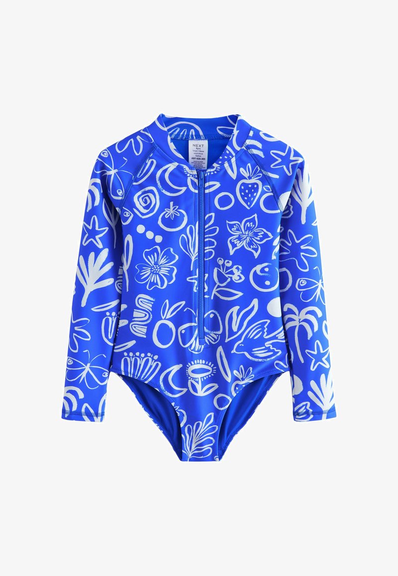 Costume da bagno blu per bambini a manica lunga con zip frontale, decorato con disegni bianchi giocosi di fiori, frutta, animali e forme astratte.