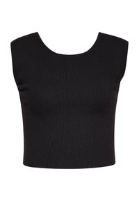 Sort ribbet crop top med bred halsudskæring og uden ærmer. Stof har en glat tekstur, der fremhæver den tætsiddende silhuet.
