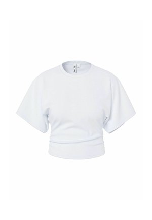 T-shirt court blanc avec manches courtes larges et col rond, présenté sur un fond blanc uni.