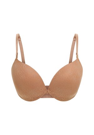 Soutien-gorge nude rembourré avec un délicat motif floral en relief, des bretelles ajustables et une fermeture à crochet. Texture lisse avec une forme galbée.