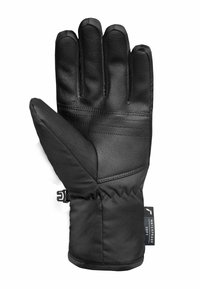 Schwarze Winterhandschuhe mit einer Lederhandfläche und einem isolierten Stoffrücken. Enthält einen elastischen Bund und ein Etikett, das auf wasserfeste und weiche Materialien hinweist.