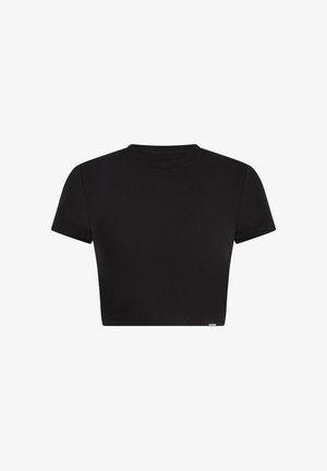 Sort croppet t-shirt lavet af blød bomuld, med korte ærmer og rund halsudskæring. Simpelt design uden synlige mønstre eller dekorationer.