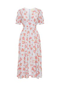 Kwiatowa sukienka midi w jasnoniebieskim materiale, zdobiona różowymi różami. Bufiaste rękawy, dekolt w kształcie litery V, elastyczna talia i rozkloszowana spódnica. Detal z guzikami z tyłu.