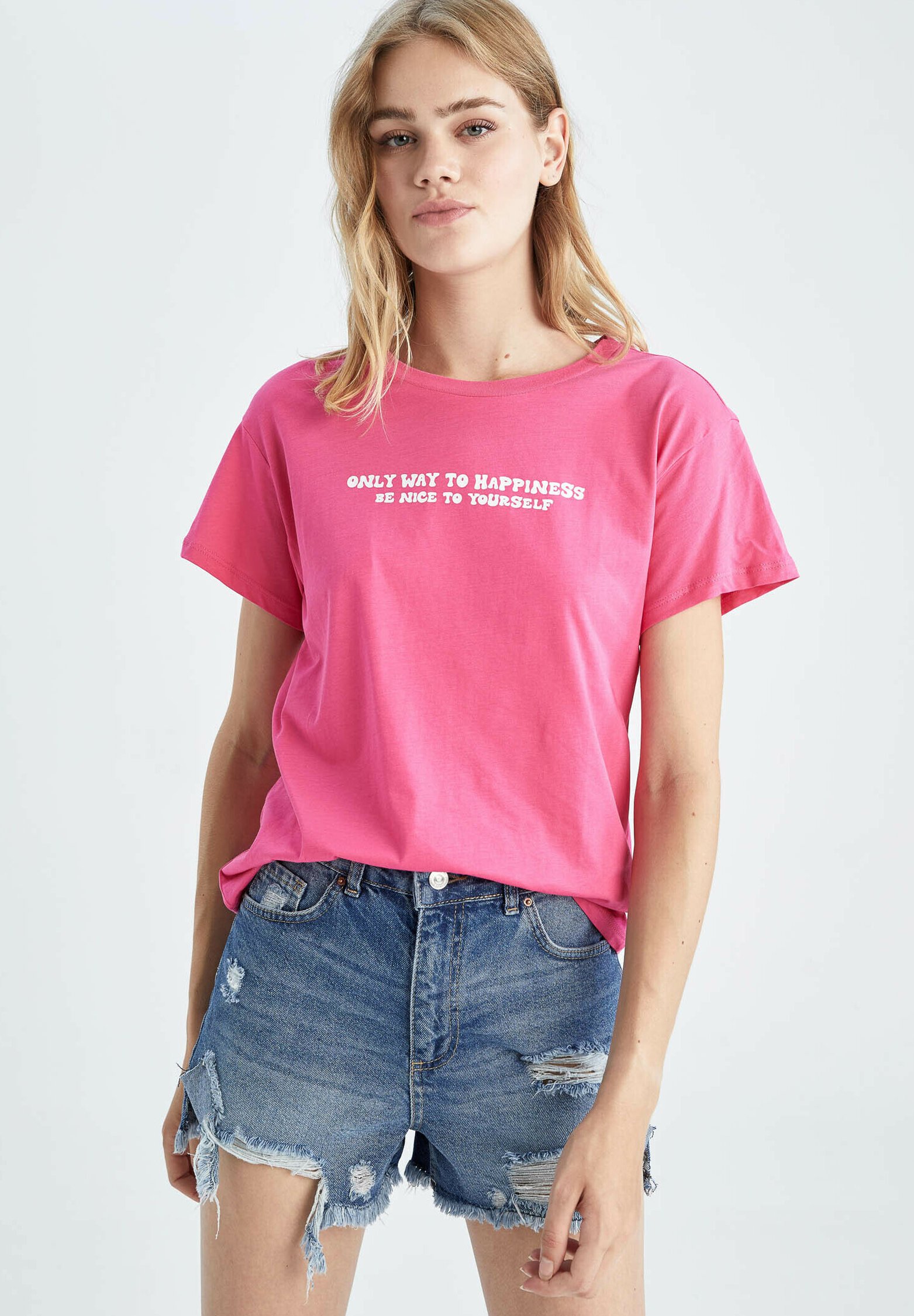 DeFacto Damen T-Shirt Mit V-Ausschnitt – 100% Baumwolle, Weich, Atmungsaktiv, Normalfit
