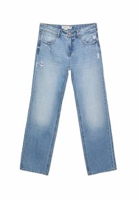 Vaqueros de mezclilla azul claro con un diseño de corte recto, que presentan detalles desgastados y un acabado ligeramente desvaído. Estilo estándar de cinco bolsillos y cierre de botón.