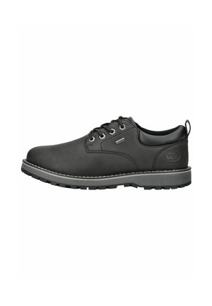Black leather shoe featuring a rounded toe, lace-up closure, and a textured rubber sole with white stitching accents.