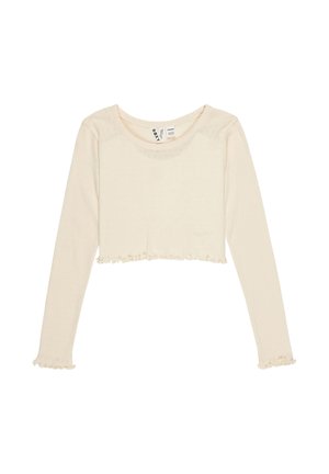 Kremowy, długi rękaw, krótki top z falowanymi brzegami i okrągłym dekoltem, rozłożony płasko na białym tle.