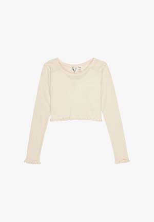 Kremowy, długi rękaw, krótki top z falowanymi brzegami i okrągłym dekoltem, rozłożony płasko na białym tle.