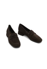 Dark brown suede low-heeled women's loafers with a strap detail across the upper, displayed on a white background.