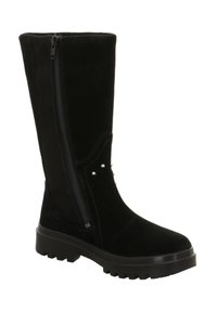 Schwarze Wildlederstiefel in Knielänge mit einem seitlichen Reißverschluss, Profilsohle und silbernen Akzenten auf dem Schaft, mit glatter Oberfläche und runder Zehenform.