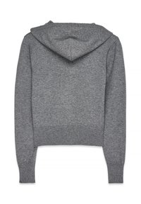 Szara, krótka bluza z kapturem o miękkiej fakturze, z kapturem oraz ściągaczami w mankietach i u dołu. Gładki materiał z minimalnymi detalami.