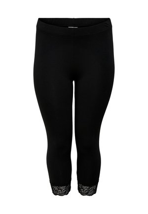 Sorte korte leggings med elastisk taljebånd og blondekant ved benåbningerne, vist på hvid baggrund.