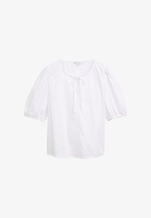 Valkoinen lyhythihainen pusero, jossa on pyöreä pääntie ja edessä solmimisdetalji. Valmistettu kevyestä kankaasta, joka on sileä ja miellyttävä.