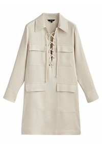 Beige, Leinenhemdkleid mit Kragen, langen Ärmeln und zwei großen Fronttaschen. Verfügt über eine Schnürung mit abwechselnden Ösen vorne.