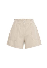 Shorts en coton beige avec une taille froncée, fermeture à boutons sur le devant et deux grandes poches latérales. Coupe droite avec un design décontracté.
