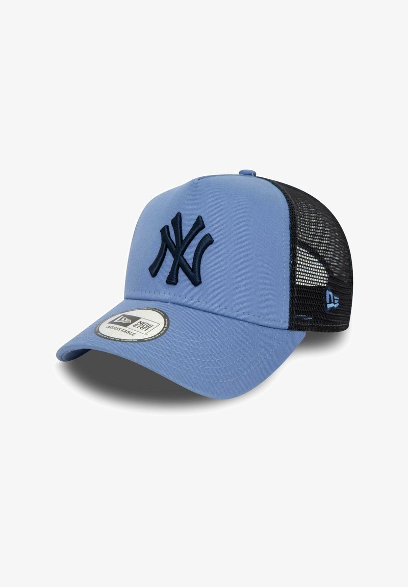 Light blue cap with dark blue embroidered logo, featuring a rounded visor and black mesh back panel for breathability. Adjustable strap included.