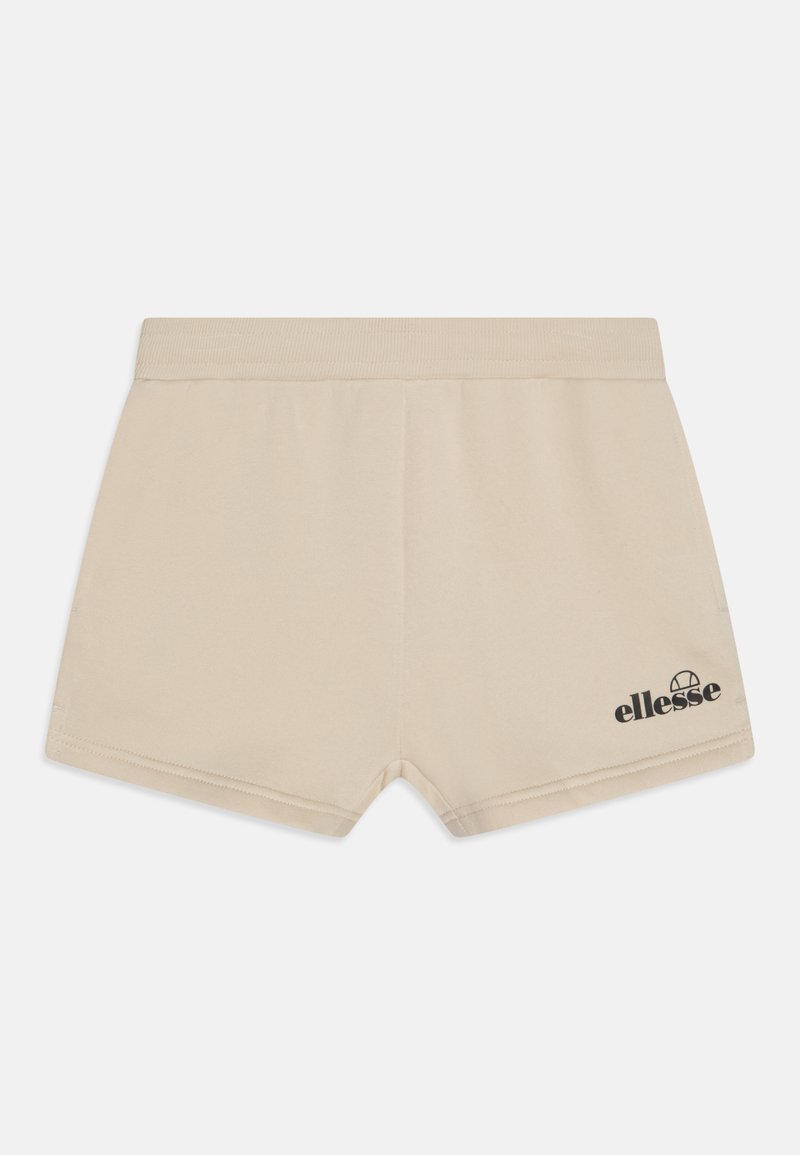 Beigi šorti, izgatavoti no džersija auduma, ar elastīgu jostu un melnu "ellesse" logotipu apakšējā kreisajā stūrī.