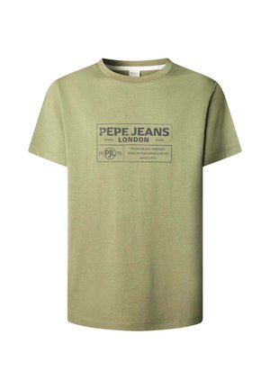 Olívovo zelené bavlnené tričko s krátkymi rukávmi, s tmavou grafickou potlačou s nápisom "PEPE JEANS LONDON" a ďalšími textovými detailmi.