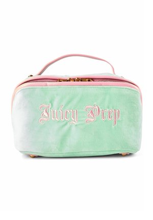 Bolsa de maquillaje suave rectangular en verde menta y rosa con cremallera dorada y "Juicy Prep" bordado en rosa en el frente.