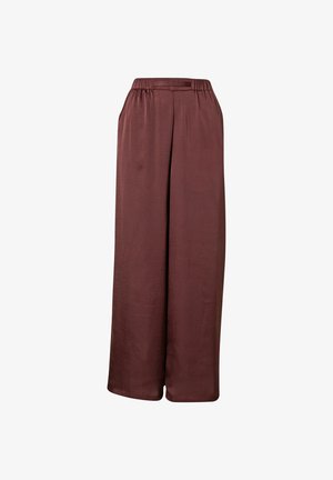 Pantalones de pierna ancha burdeos con cintura elástica, textura suave y detalles plisados, que ofrecen un ajuste relajado y una silueta moderna.
