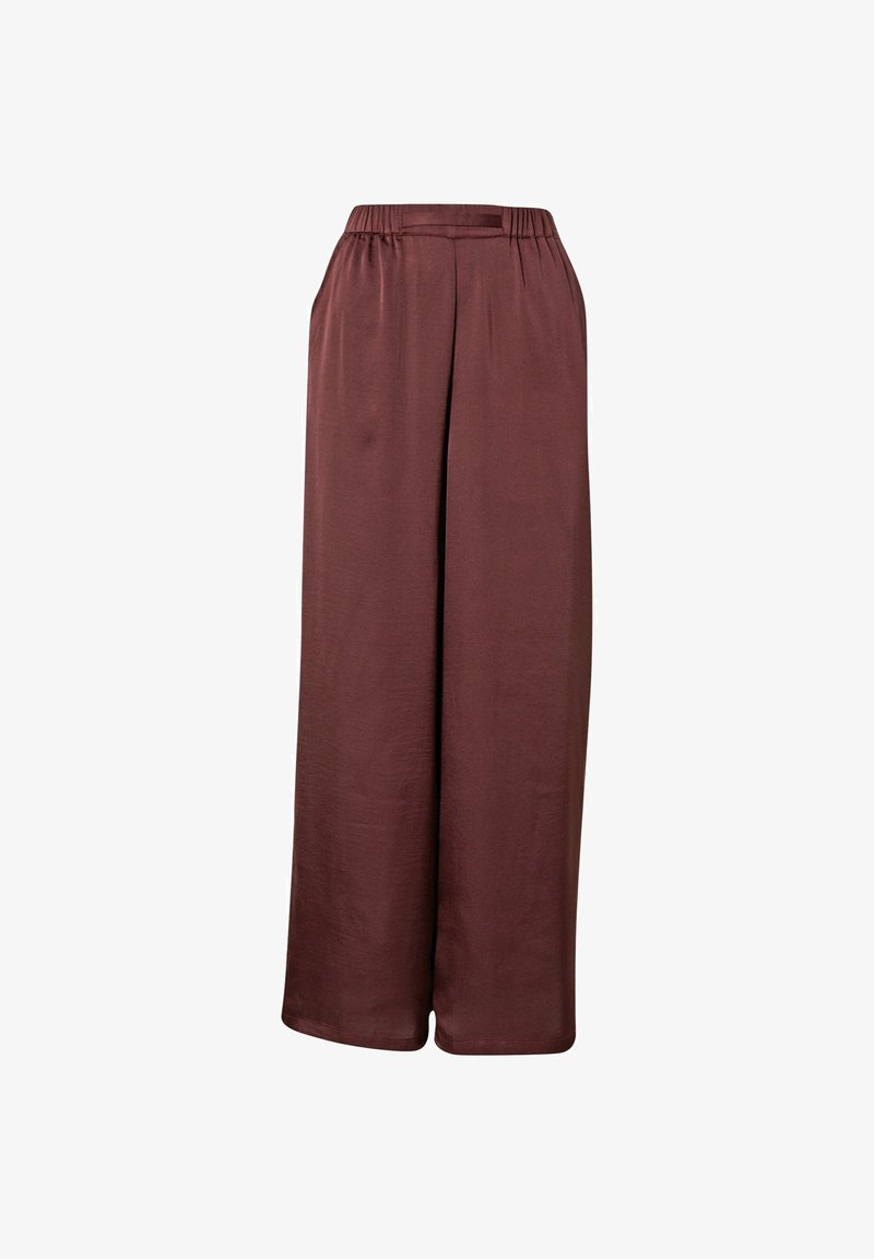 Pantalones de pierna ancha burdeos con cintura elástica, textura suave y detalles plisados, que ofrecen un ajuste relajado y una silueta moderna.