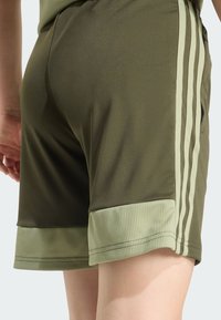 Olive green athletic shorts with ribbed waistband and cuffs. Features three light green side stripes. Made of smooth, stretchy fabric.