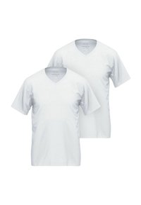 Twee witte v-hals t-shirts, korte mouwen, gemaakt van een katoenen stofmix, met een gladde textuur en een klassiek ontwerp.