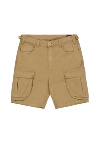 Pantaloni cargo color khaki in misto cotone, con molteplici tasche, passante per cintura con cinturino regolabile e chiusura con bottone.
