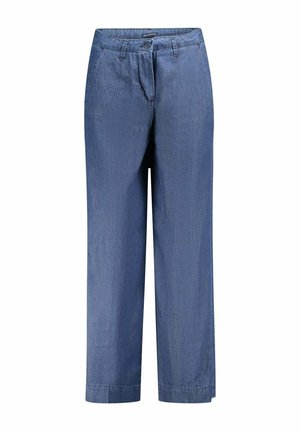 Pantalon bleu à jambes larges, avec passants de ceinture, fermeture à boutons et poches latérales, présenté sur fond blanc.