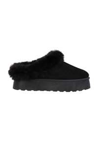 Svarta slip-on skor med faux pälsdetalj, mjukt mockaskinn på överdelen, tjock strukturerad sula, rundad form och ett mysigt utseende.