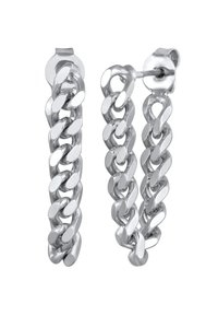 Boucles d'oreilles en argent en forme de créole, composées de maillons ovales interconnectés, finition polie et fermeture à clou. Chaque boucle mesure environ 7,5 cm.