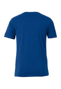 Blauwe katoenen t-shirt, korte mouwen, ronde hals, gladde textuur, geen patronen of prints, effen kleur, achterkant getoond.