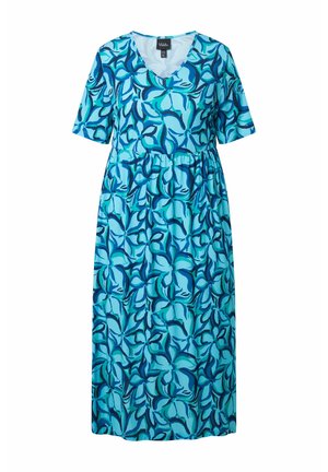 Blå og grønblå blomsterprintet midikjole med korte ærmer og V-udskæring, med en rynket talje for en afslappet pasform.