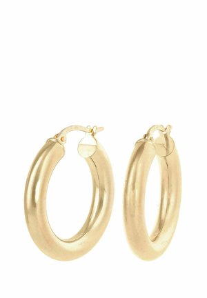 Minđuše u obliku obruča zlatne boje s glatkim, zaobljenim oblikom i poliranim završetkom; imaju sigurnu kopču na šarku za jednostavno nošenje.