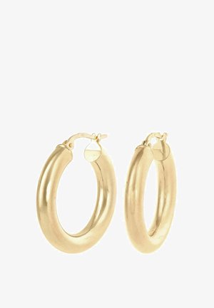 Auskari ar zelta toni, gludā, apaļā formā un pulētu virsmu; aprīkoti ar drošu eņģu aizdari ērtai valkāšanai.