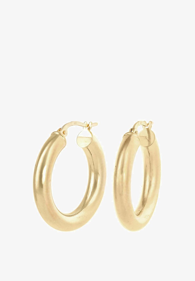 Uhani v zlati barvi s trdno, zaobljeno obliko in poliranim zaključkom; vsebujejo varno tečajno zapah za enostavno nošenje.