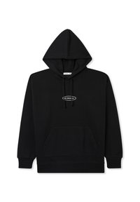 Czarna bluza z kapturem wykonana z miękkiego materiału, z centralną kieszenią, kapturem ze sznurkiem oraz białym napisem "Bądź oryginalny" na klatce piersiowej.