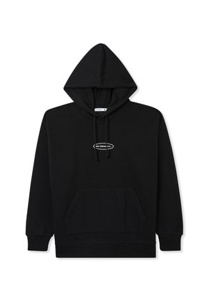 Czarna bluza z kapturem wykonana z miękkiego materiału, z centralną kieszenią, kapturem ze sznurkiem oraz białym napisem "Bądź oryginalny" na klatce piersiowej.